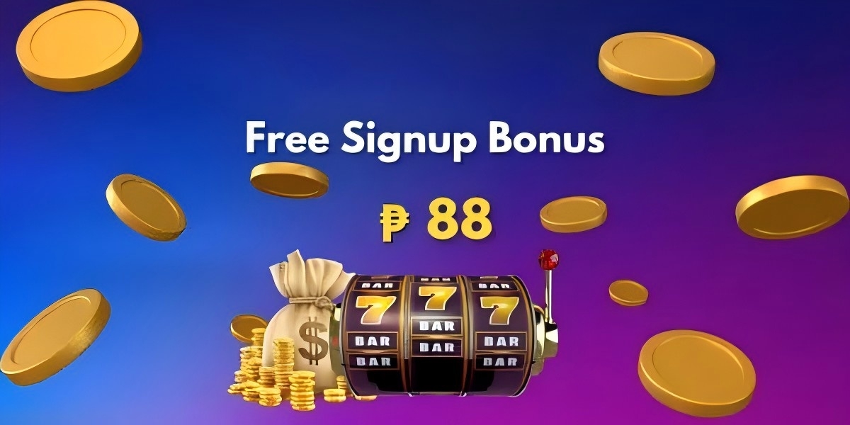 Banner thưởng đăng ký: máy slot 777, đồng xu vàng và túi tiền trên nền xanh tím